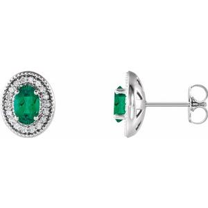 Sterling Silver 7x5 mm Natural Emerald 1/6 CTW Natural Diamond Halo-Style Earrings