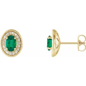 14K Yellow Gold 7x5 mm Lab-Grown Emerald 1/6 CTW Natural Diamond Halo-Style Earrings