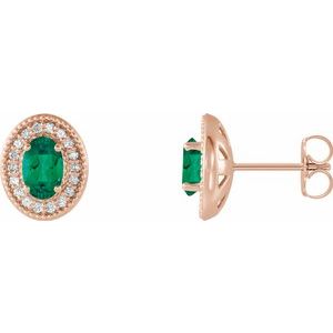14K Rose Gold 6x4 mm Lab-Grown Emerald & 1/5 CTW Natural Diamond Halo-Style Earrings