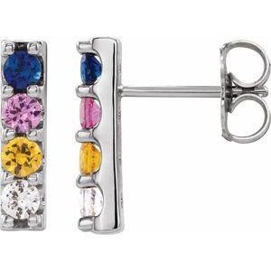 14K White Gold Natural Multi-Gemstone Bar Earrings