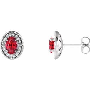 14K White Gold 7x5 mm Lab-Grown Ruby 1/6 CTW Natural Diamond Halo-Style Earrings