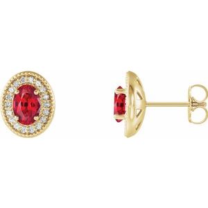 14K Yellow Gold 7x5 mm Lab-Grown Ruby 1/6 CTW Natural Diamond Halo-Style Earrings