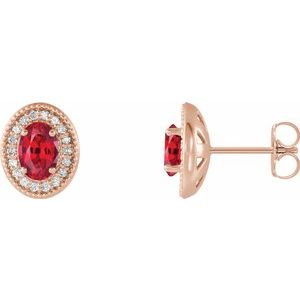 14K Rose Gold 7x5 mm Natural Ruby & 1/6 CTW Natural Diamond Halo-Style Earrings