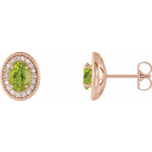14K Rose Gold 6x4 mm Natural Peridot & 1/5 CTW Natural Diamond Halo-Style Earrings