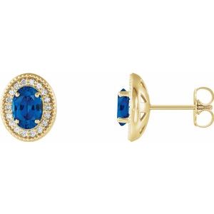 14K Yellow Gold 6x4 mm Natural Blue Sapphire & 1/5 CTW Natural Diamond Halo-Style Earrings