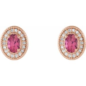 14K Rose Gold 6x4 mm Natural Pink Tourmaline & 1/5 CTW Natural Diamond Halo-Style Earrings