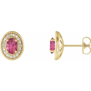 14K Yellow Gold 6x4 mm Natural Pink Tourmaline & 1/5 CTW Natural Diamond Halo-Style Earrings