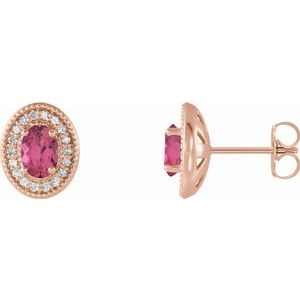 14K Rose Gold 6x4 mm Natural Pink Tourmaline & 1/5 CTW Natural Diamond Halo-Style Earrings