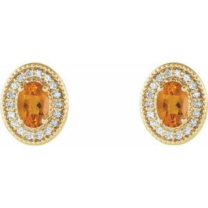 14K Yellow Gold 6x4 mm Natural Citrine & 1/5 CTW Natural Diamond Halo-Style Earrings