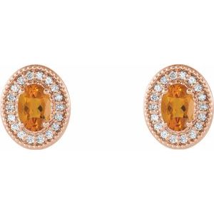 14K Rose Gold 6x4 mm Natural Citrine & 1/5 CTW Natural Diamond Halo-Style Earrings
