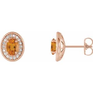 14K Rose Gold 6x4 mm Natural Citrine & 1/5 CTW Natural Diamond Halo-Style Earrings