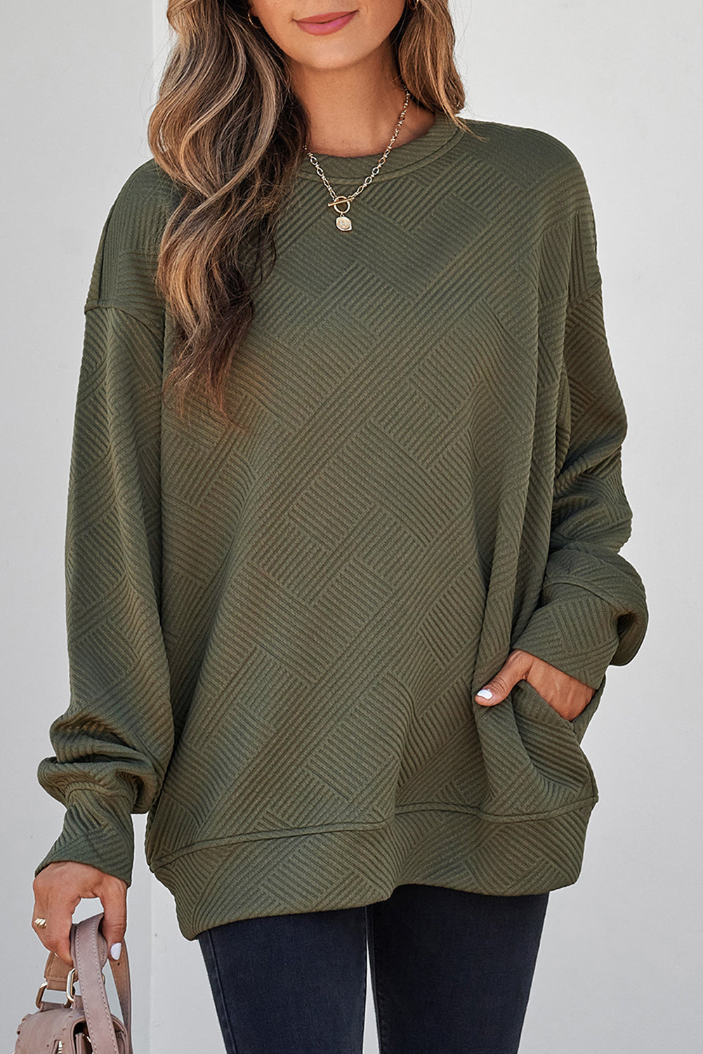 Solid Textured Round Neck Drop Shoulder Sweatshirt