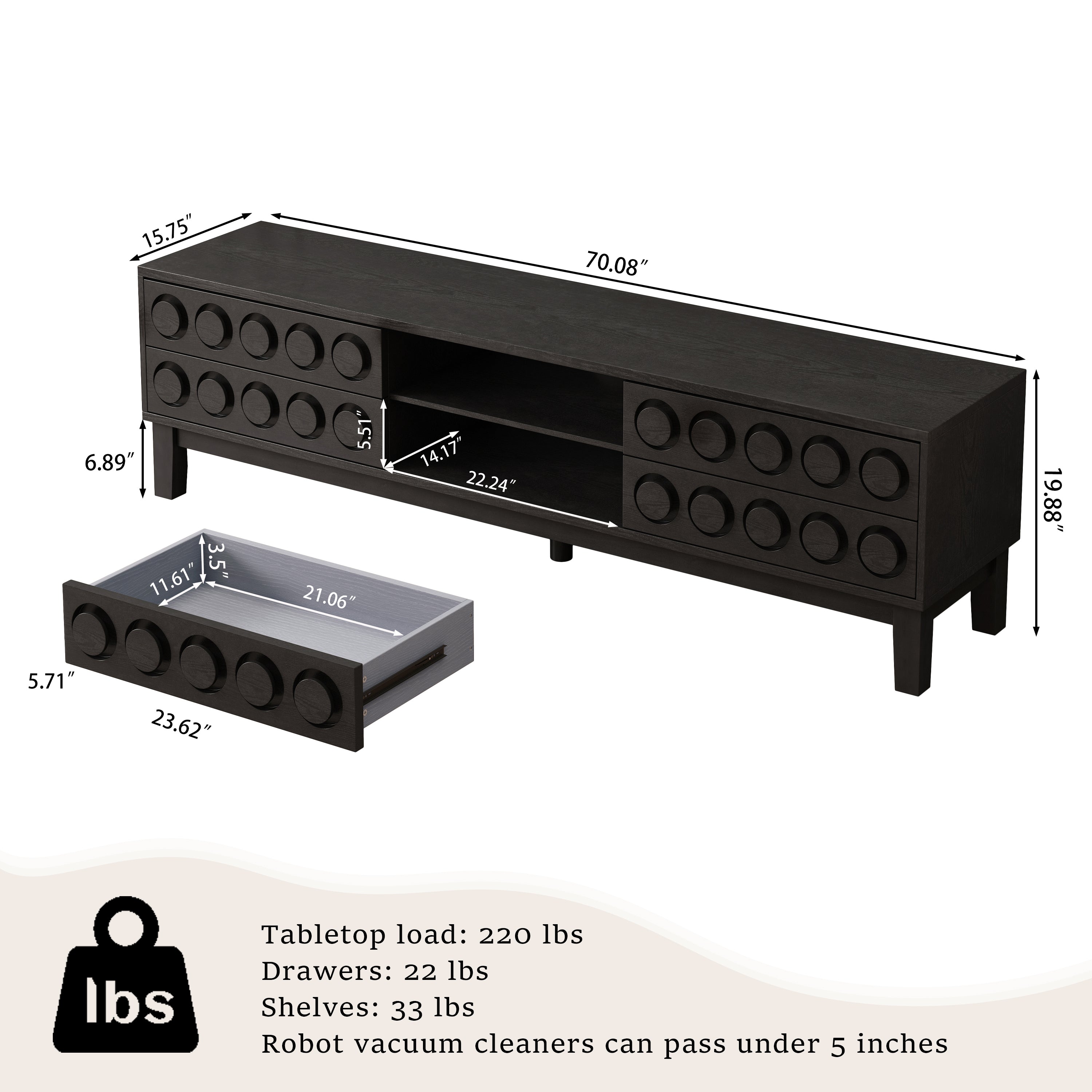 TV Stand for TVs up to 75', Media Console with 4 Drawers, Entertainment Center with Storage for Living Room and Bedroom(Black)