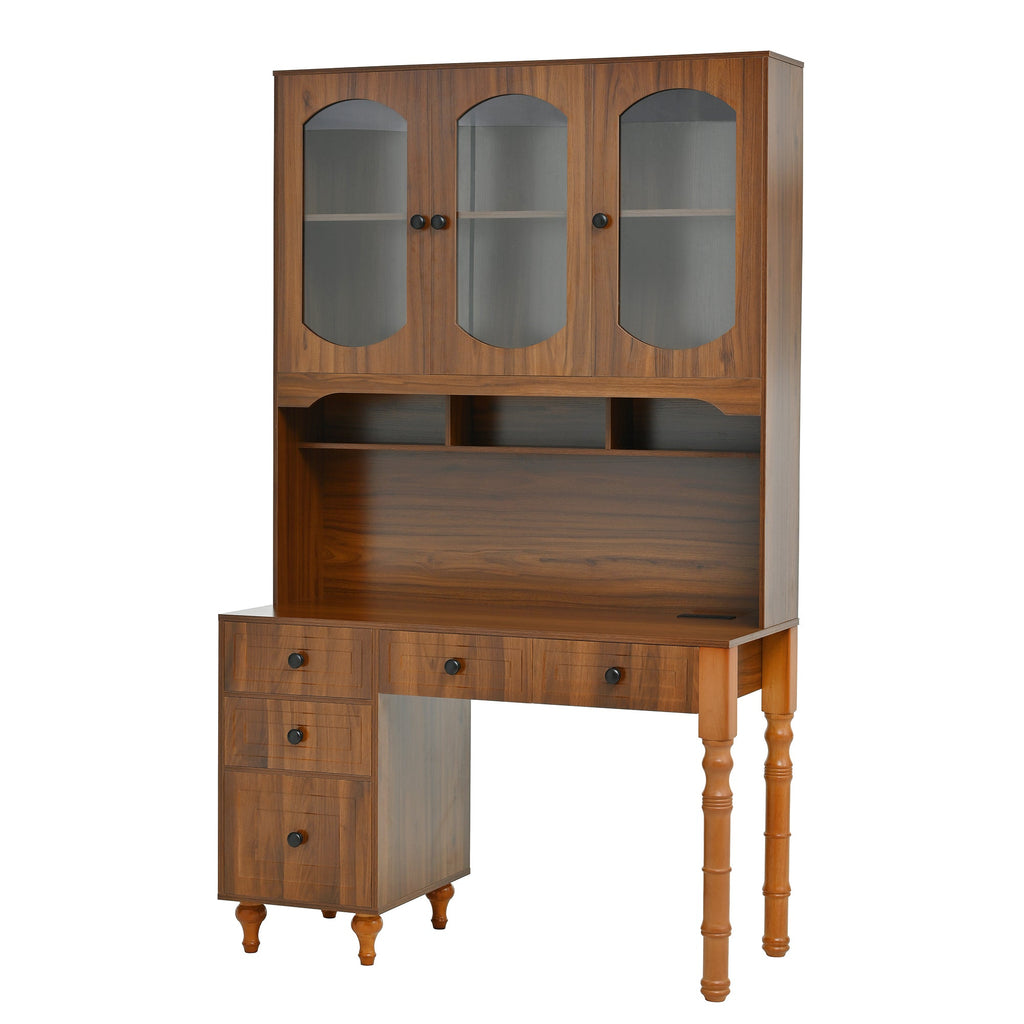 47'' Retro Desk with Charging Ports and Hutch Cabinet, Office Desk with 5 Storage Drawers and Transparent Glass-Door Bookshelf, Executive Computer Desk for Home Office, Bedroom, Walnut