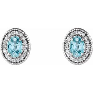 Sterling Silver 6x4 mm Natural Blue Zircon & 1/5 CTW Natural Diamond Halo-Style Earrings – image 2