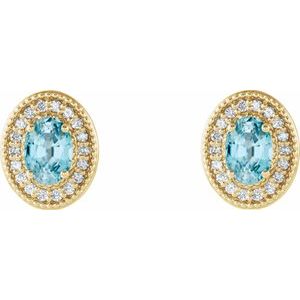 14K Yellow Gold 6x4 mm Natural Blue Zircon & 1/5 CTW Natural Diamond Halo-Style Earrings – image 2