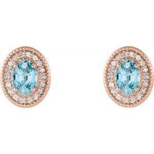14K Rose Gold 6x4 mm Natural Blue Zircon & 1/5 CTW Natural Diamond Halo-Style Earrings – image 2