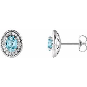 14K White Gold 6x4 mm Natural Blue Zircon & 1/5 CTW Natural Diamond Halo-Style Earrings