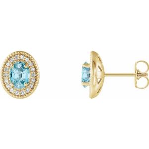 14K Yellow Gold 6x4 mm Natural Blue Zircon & 1/5 CTW Natural Diamond Halo-Style Earrings