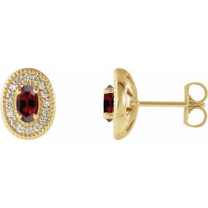 14K Yellow Gold 5x3 mm Natural Mozambique Garnet & 1/8 CTW Natural Diamond Halo-Style Earrings