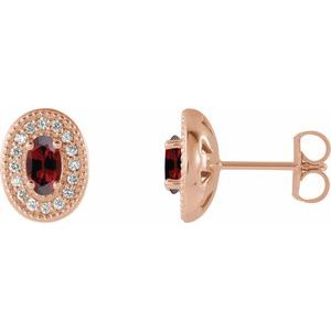 14K Rose Gold 5x3 mm Natural Mozambique Garnet & 1/8 CTW Natural Diamond Halo-Style Earrings