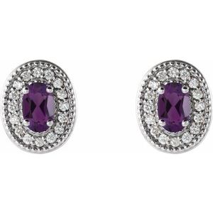 Platinum 5x3 mm Natural Amethyst & 1/8 CTW Natural Diamond Halo-Style Earrings – image 2