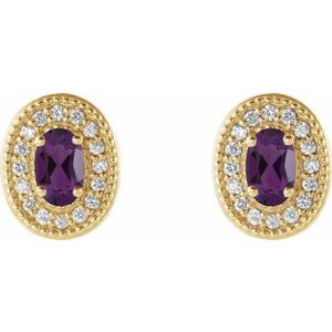 14K Yellow Gold 5x3 mm Natural Amethyst & 1/8 CTW Natural Diamond Halo-Style Earrings – image 2