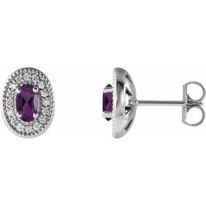 14K White Gold  5x3 mm Natural Amethyst & 1/8 CTW Natural Diamond Halo-Style Earrings