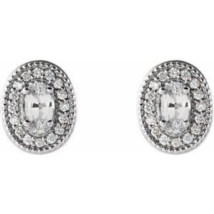 Sterling Silver 5x3 mm Natural White Sapphire & 1/8 CTW Natural Diamond Halo-Style Earrings – image 2
