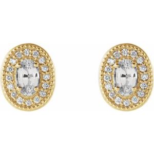 14K Yellow Gold 5x3 mm Natural White Sapphire & 1/8 CTW Natural Diamond Halo-Style Earrings – image 2