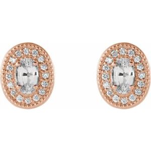 14K Rose Gold 5x3 mm Natural White Sapphire & 1/8 CTW Natural Diamond Halo-Style Earrings – image 2