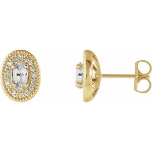 14K Yellow Gold 5x3 mm Natural White Sapphire & 1/8 CTW Natural Diamond Halo-Style Earrings