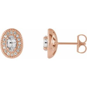 14K Rose Gold 5x3 mm Natural White Sapphire & 1/8 CTW Natural Diamond Halo-Style Earrings