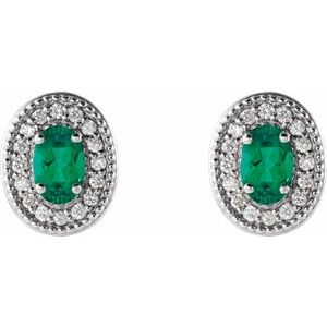 Platinum 5x3 mm Natural Emerald & 1/8 CTW Natural Diamond Halo-Style Earrings – image 2