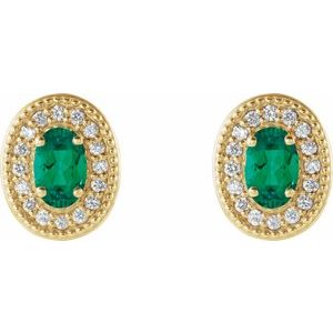 14K Yellow Gold 5x3 mm Natural Emerald & 1/8 CTW Natural Diamond Halo-Style Earrings – image 2