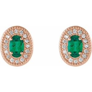14K Rose Gold 5x3 mm Natural Emerald & 1/8 CTW Natural Diamond Halo-Style Earrings – image 2
