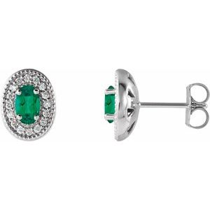 14K White Gold 5x3 mm Lab-Grown Emerald & 1/8 CTW Natural Diamond Halo-Style Earrings