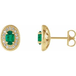 14K Yellow Gold 5x3 mm Natural Emerald & 1/8 CTW Natural Diamond Halo-Style Earrings