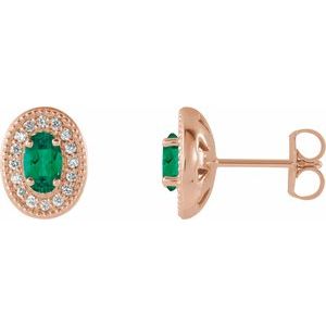 14K Rose Gold 5x3 mm Natural Emerald & 1/8 CTW Natural Diamond Halo-Style Earrings