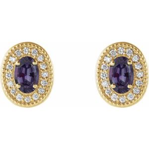 14K Yellow Gold 5x3 mm Lab-Grown Alexandrite & 1/8 CTW Natural Diamond Halo-Style Earrings