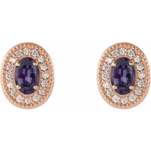 14K Rose Gold 5x3 mm Lab-Grown Alexandrite & 1/8 CTW Natural Diamond Halo-Style Earrings – image 2
