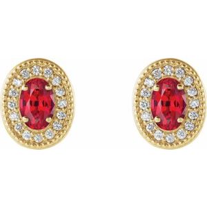 14K Yellow Gold 5x3 mm Lab-Grown Ruby & 1/8 CTW Natural Diamond Halo-Style Earrings – image 2