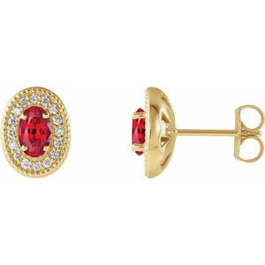 14K Yellow Gold 5x3 mm Lab-Grown Ruby & 1/8 CTW Natural Diamond Halo-Style Earrings