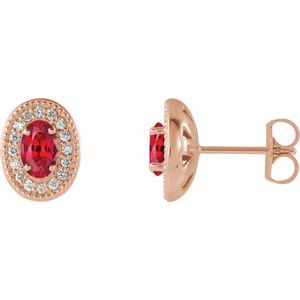 14K Rose Gold 5x3 mm Lab-Grown Ruby & 1/8 CTW Natural Diamond Halo-Style Earrings