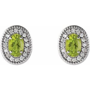 Platinum 5x3 mm Natural Peridot & 1/8 CTW Natural Diamond Halo-Style Earrings – image 2