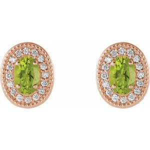 14K Rose Gold 5x3 mm Natural Peridot & 1/8 CTW Natural Diamond Halo-Style Earrings – image 2