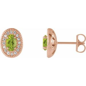 14K Rose Gold 5x3 mm Natural Peridot & 1/8 CTW Natural Diamond Halo-Style Earrings