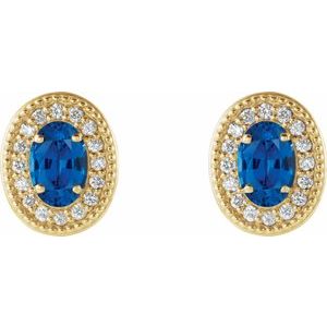 14K Yellow Gold 5x3 mm Natural Blue Sapphire & 1/8 CTW Natural Diamond Halo-Style Earrings – image 2