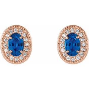 14K Rose Gold 5x3 mm Lab-Grown Blue Sapphire & 1/8 CTW Natural Diamond Halo-Style Earrings – image 2