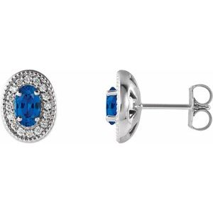 14K White Gold 5x3 mm Natural Blue Sapphire & 1/8 CTW Natural Diamond Halo-Style Earrings